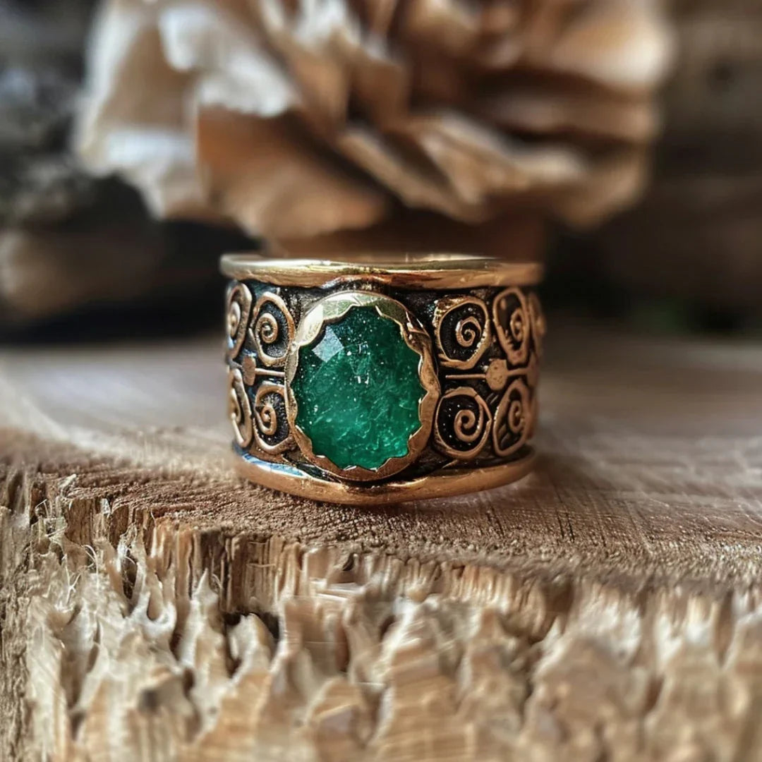 Inlaid Green Glass Gold Ring