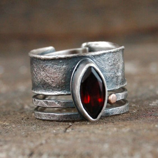 Oval Red Crystal Silver Ring