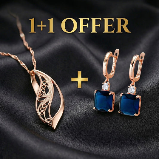 1+1 Offer: Earrings With Dark Blue Crystal in Gold + Harmonious Necklace in Gold
