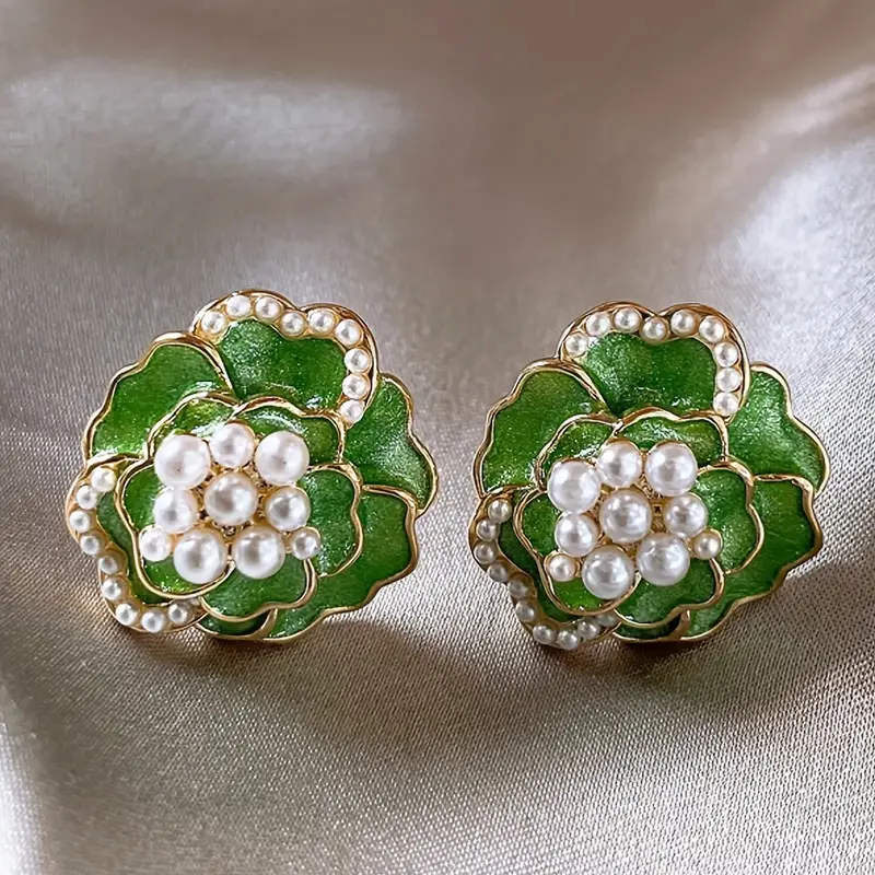 Green Enamel Earrings With Pearls