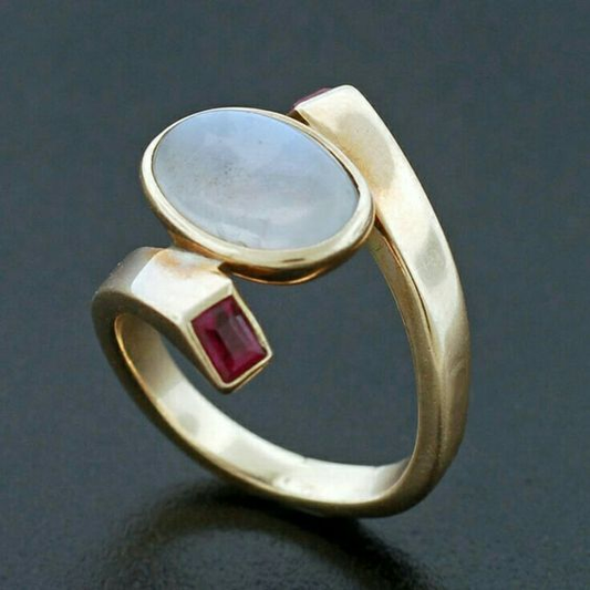 White Opal & Red Zirconia Gold Ring