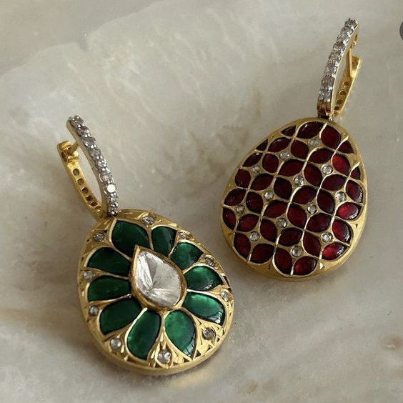 Green & Red Drop Golden Earrings