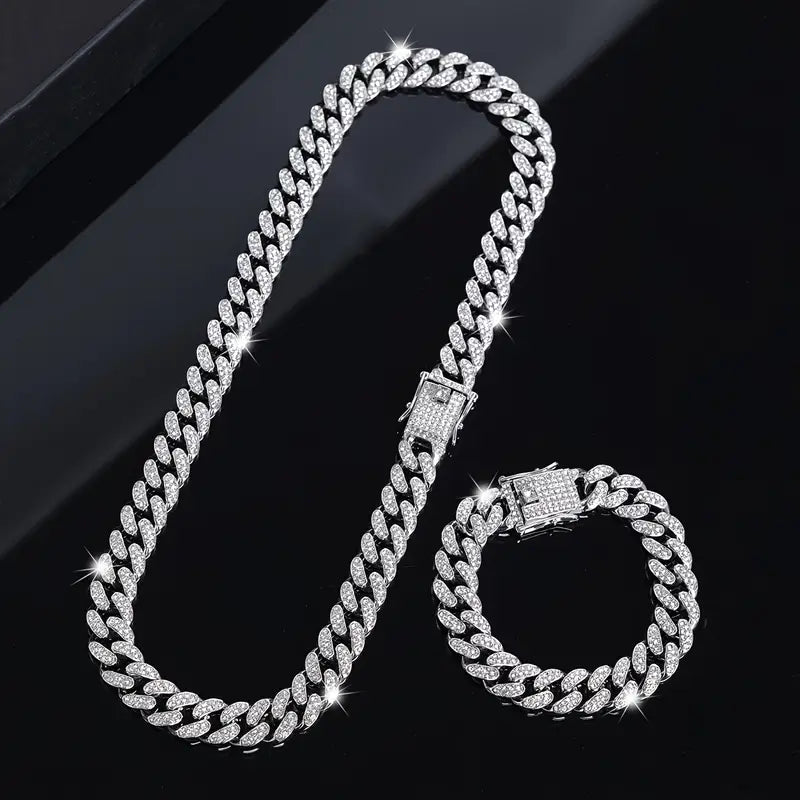 2pcs Cuban Link Chain Necklace & Bracelet Set – Hip-hop Jewelry