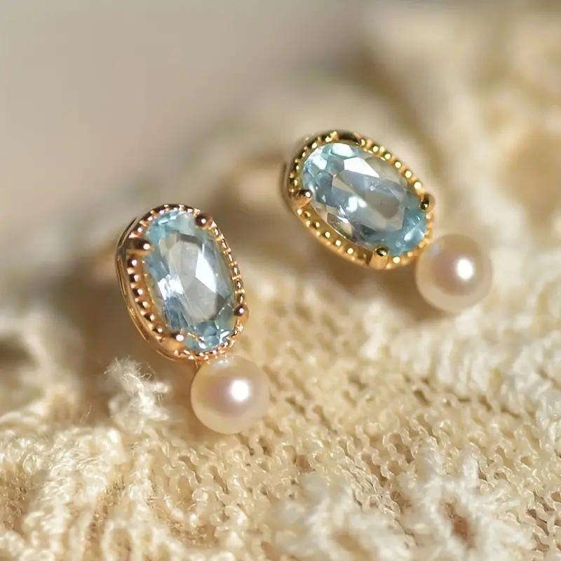Blue Crystal Pearl Gold Earrings