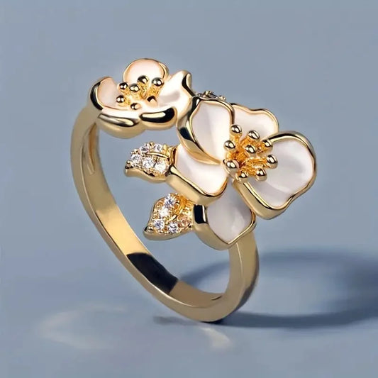 White Enamel Flower Gold Ring