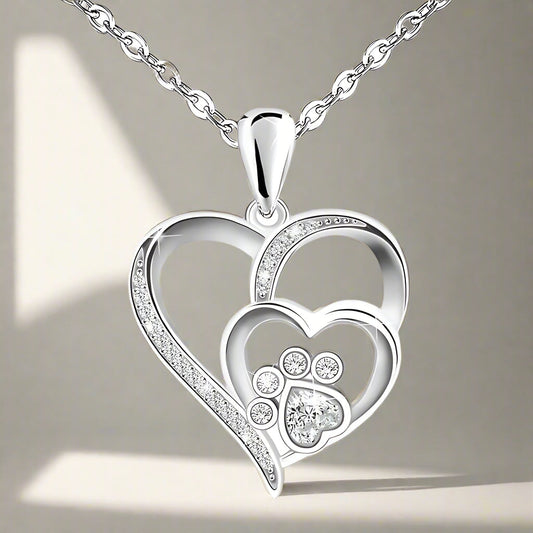 Sterling Silver Paw & Heart Necklace With Zirconia