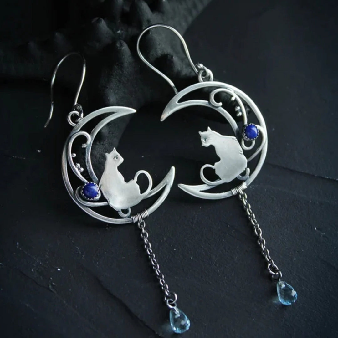 Blue Zirconia Cat Earrings in Silver