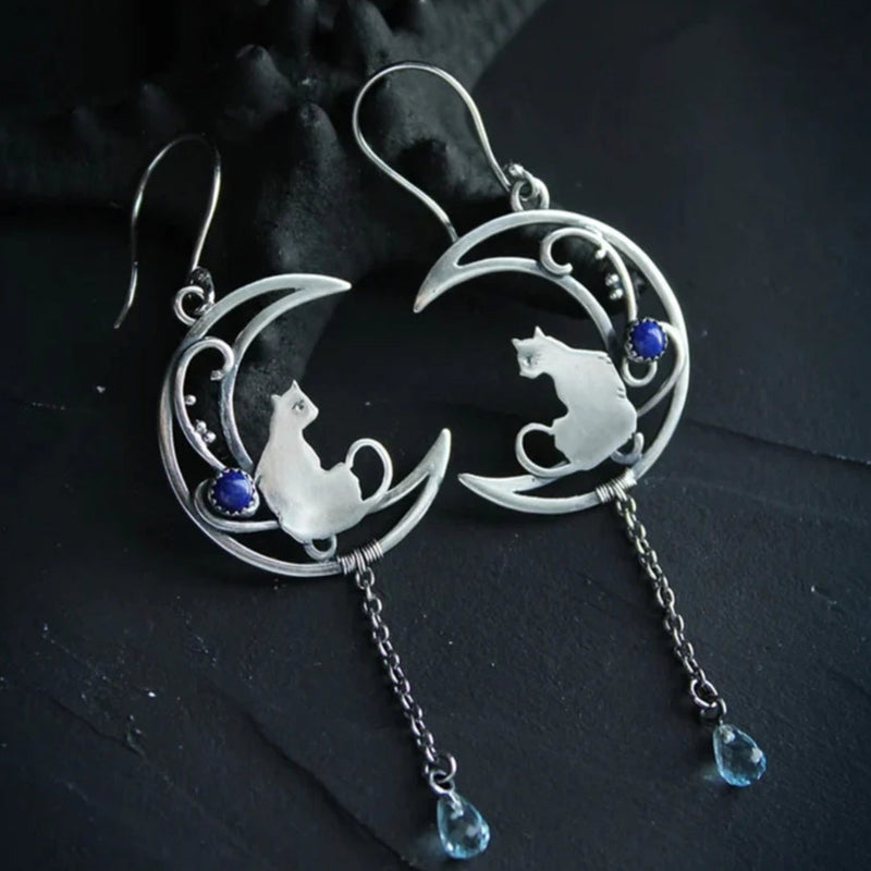 Blue Zirconia Cat Earrings in Silver