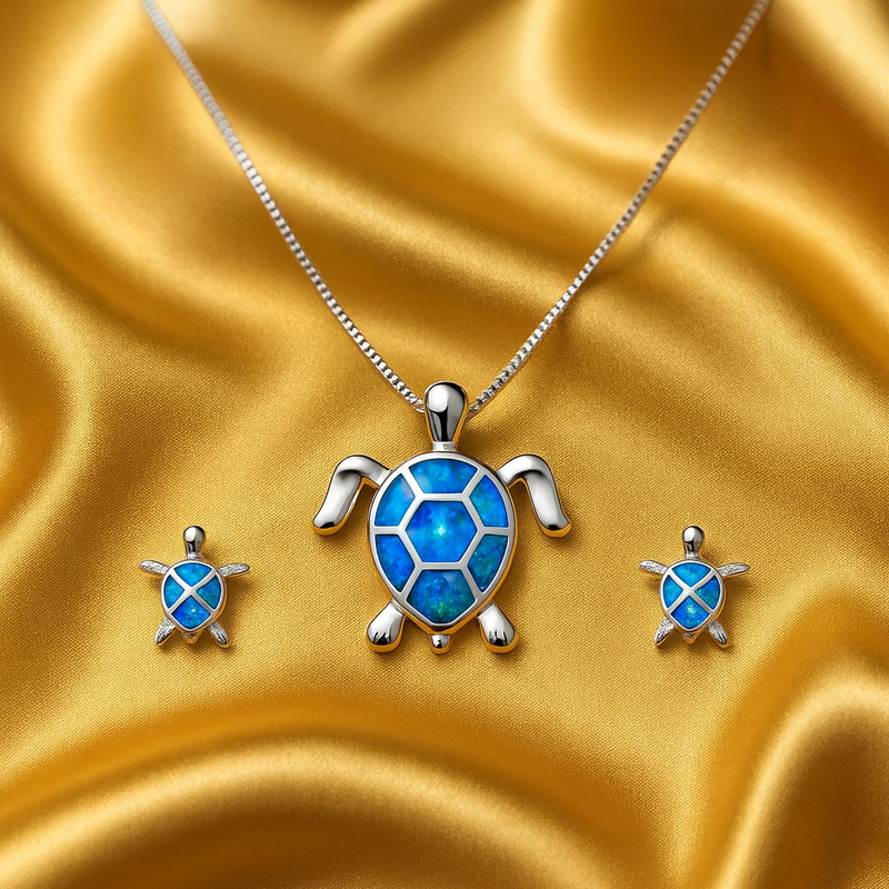 Sea Turtle Opal & Silver Necklace + Earrings