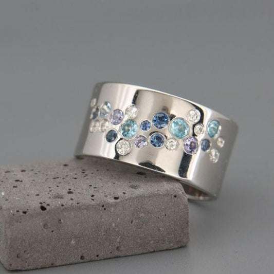 Inlaid Blue Crystals Silver Ring