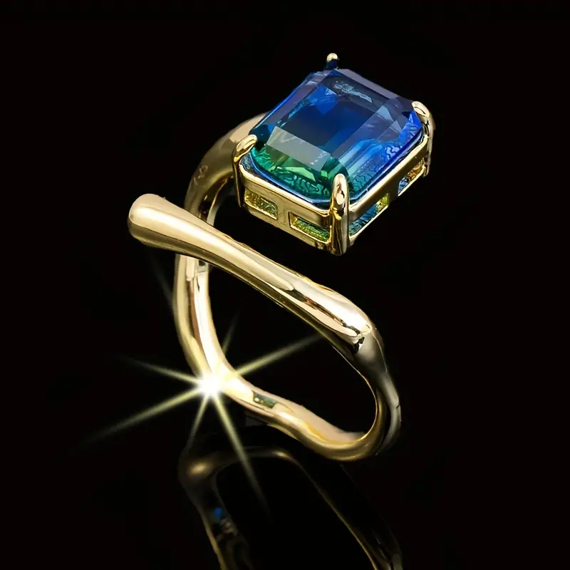 Inlaid Blue Glass Gold Open Ring