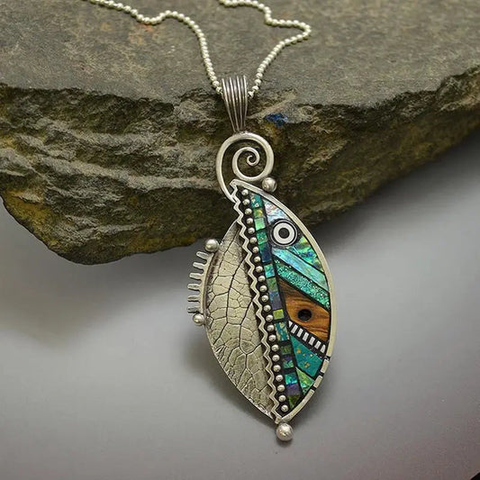 Green Leaf Crystal Necklace in Silver