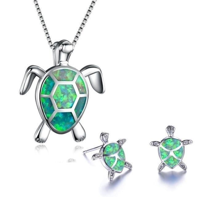 Sea Turtle Opal & Silver Necklace + Earrings